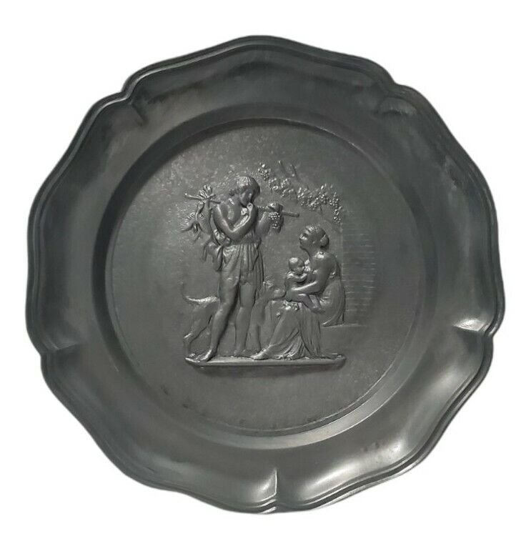 Wall Hanging Pewter Metal Plate Plaque Hunter w/ dog woman breast feeding baby