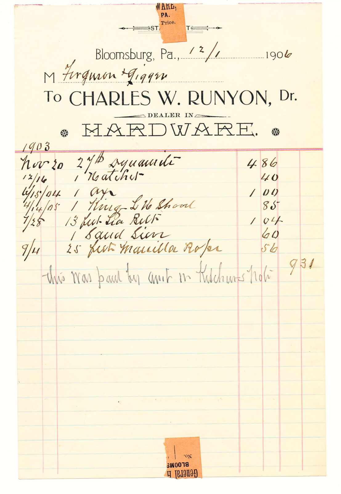 1906 BILL HEAD RECEIPT - CHARLES W RUNYON HARDWARE - BLOOMSBURG PA  HATCHET & AX