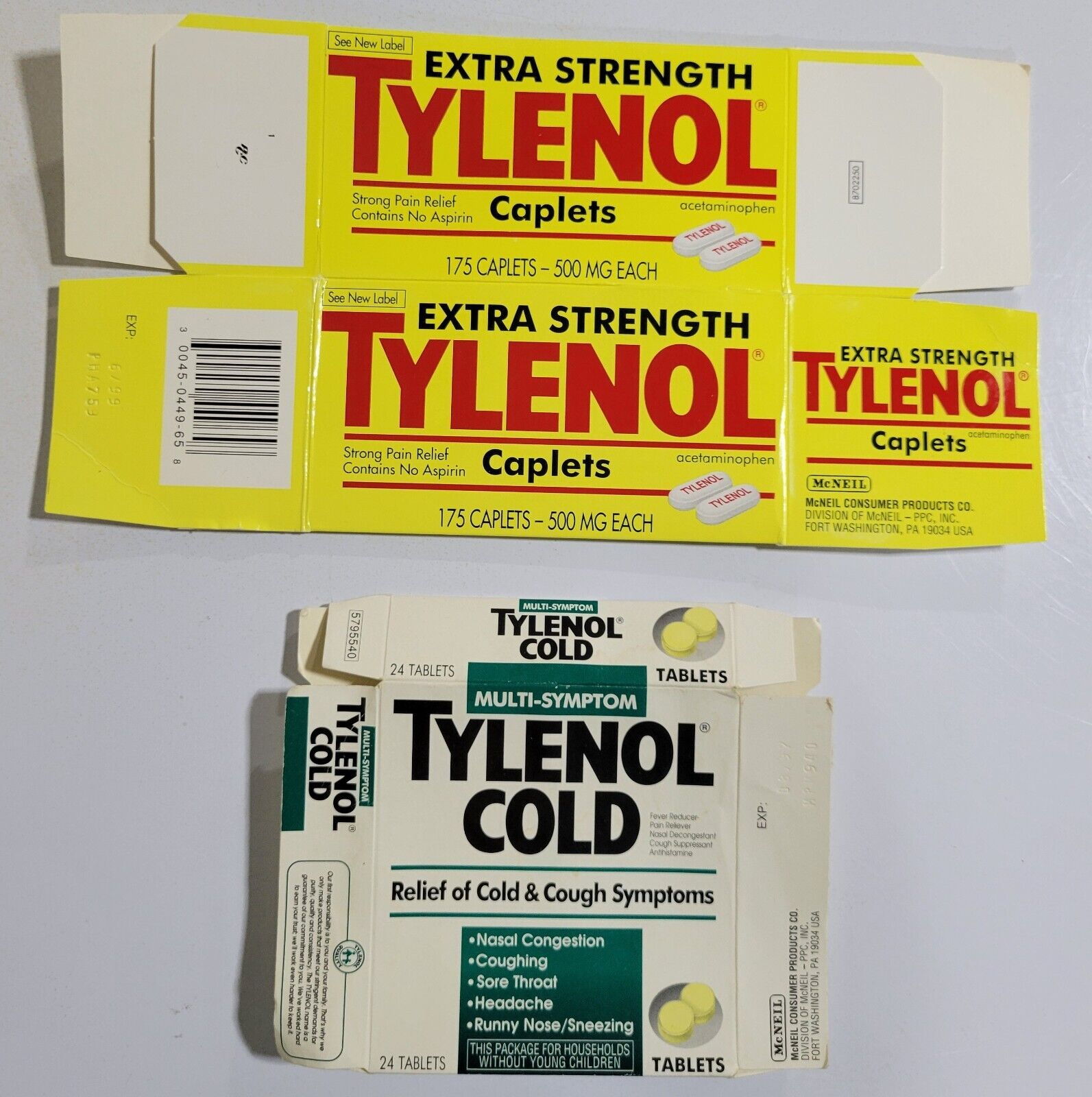 1999 Extra Strength Tylenol Caplet & 1997 Tylenol Cold Tablet Pkgs EMPTY Props