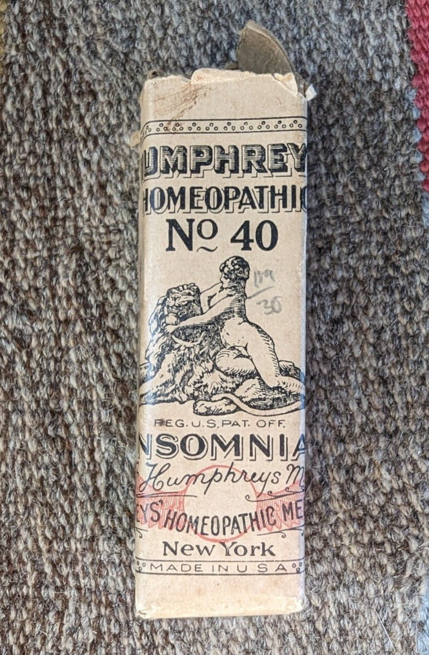 'Humphreys No.40 Homeopathic Insomnia Pills' c.1910-Box w/Full Bottle-Quack Meds