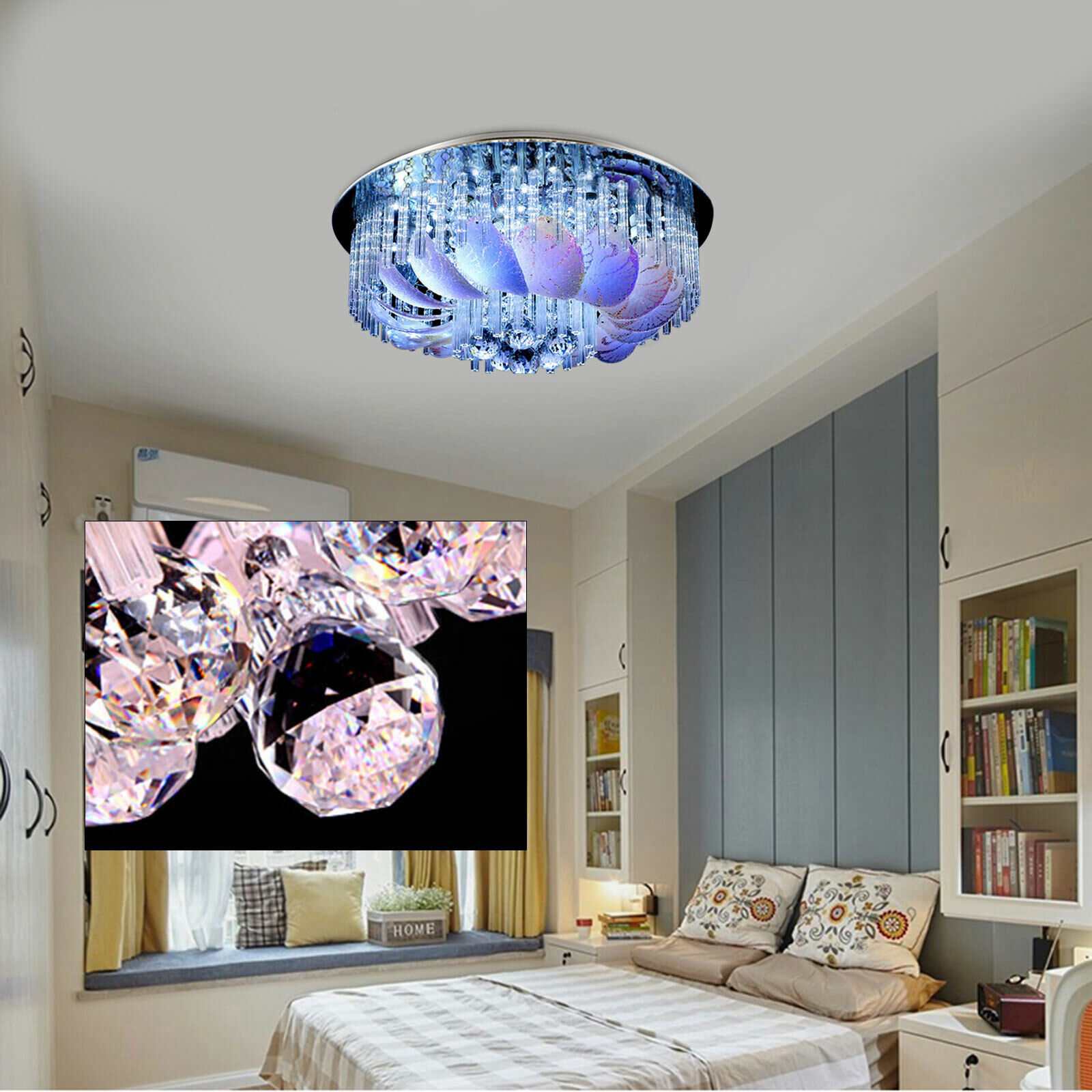 Modern LED Crystal Ceiling Light 6 Color Dimmable Chandelier W/Remote Controller