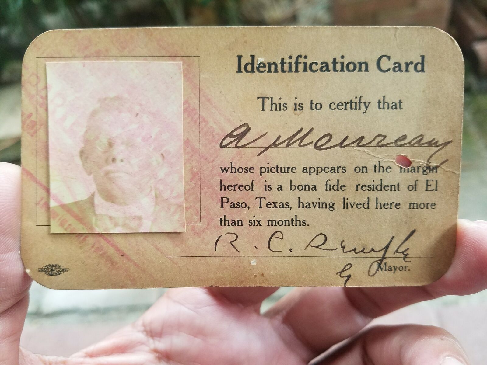 1921 EL PASO Texas Mayor Signed Photo Identification Card Consulado Mexico
