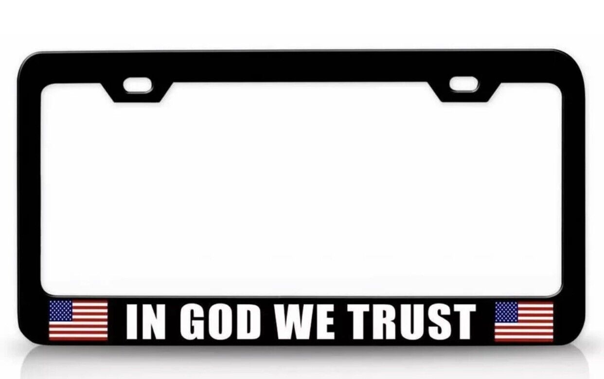 IN GOD WE TRUST USA Flag Steel License Plate Frame Bl
