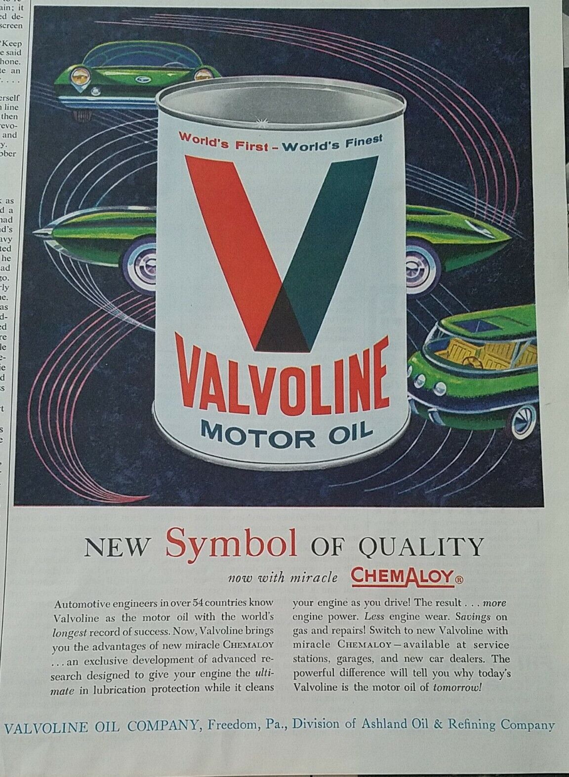1961 Valvoline with Chemaloy motor oil can futuristic car art vintage ad