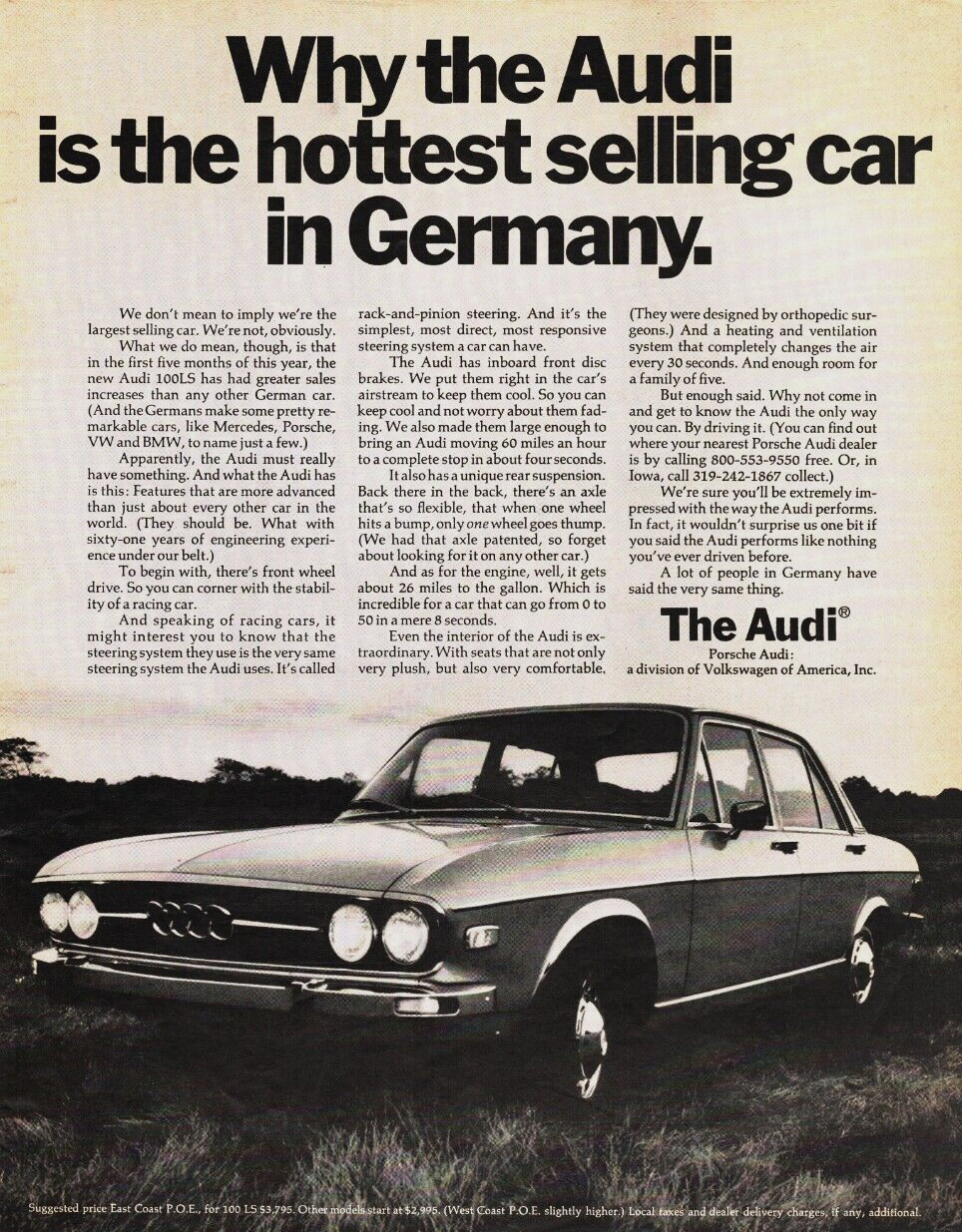Vintage 1971 Audi Print Ad Hottest Selling in Germany Full Page Advertisement