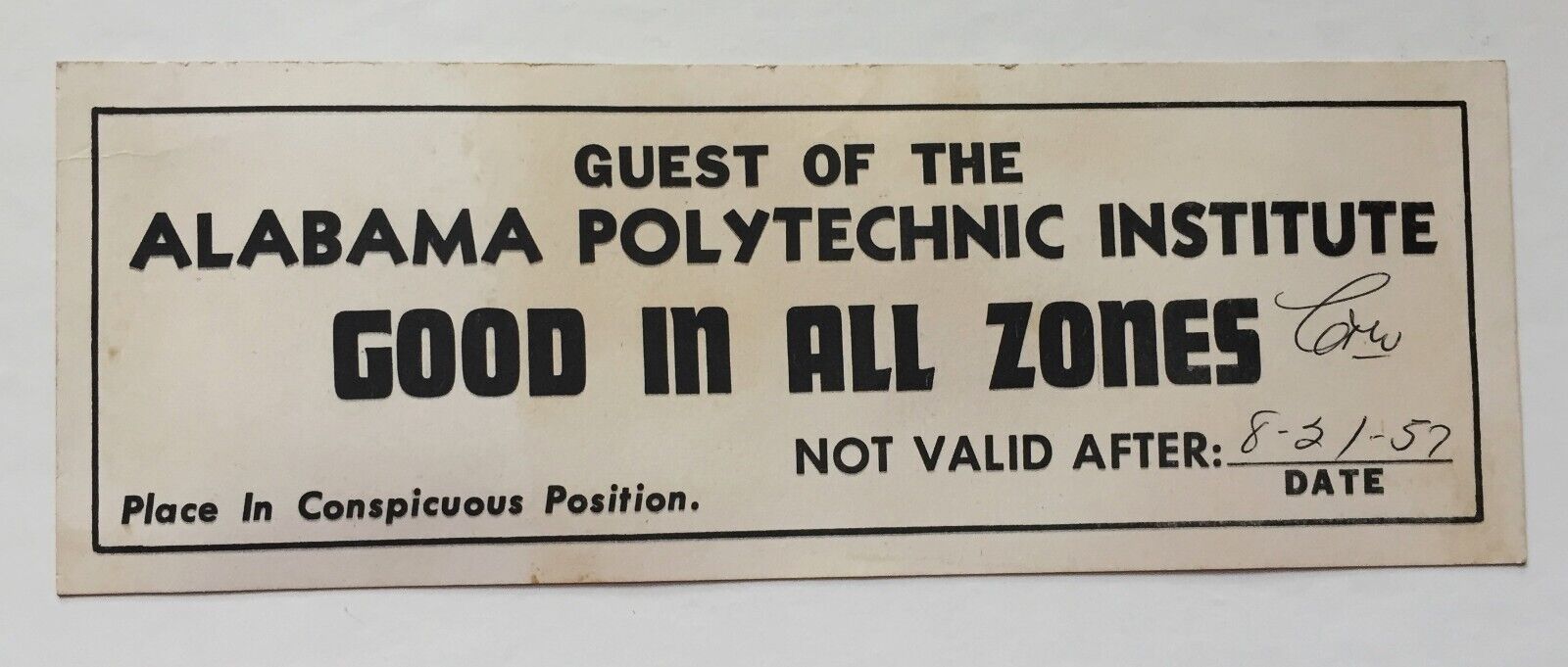1957 GUEST OF THE ALABAMA POLYTECHNIC INSTITUTE AUBURN UNIVERSITY PARKING PASS