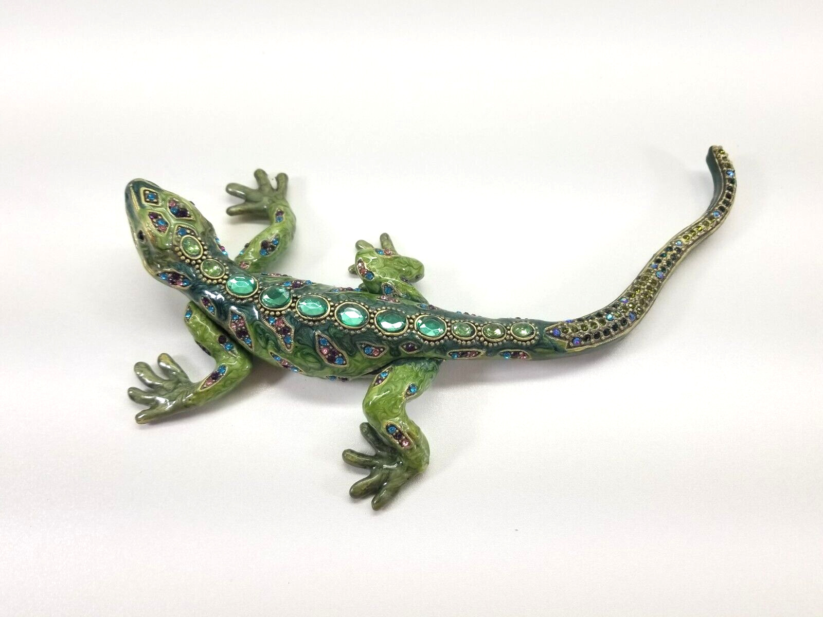 Rare Enameled Gecko Lizard Trinket Box Figurine w Rhinestones & Gold Highlights