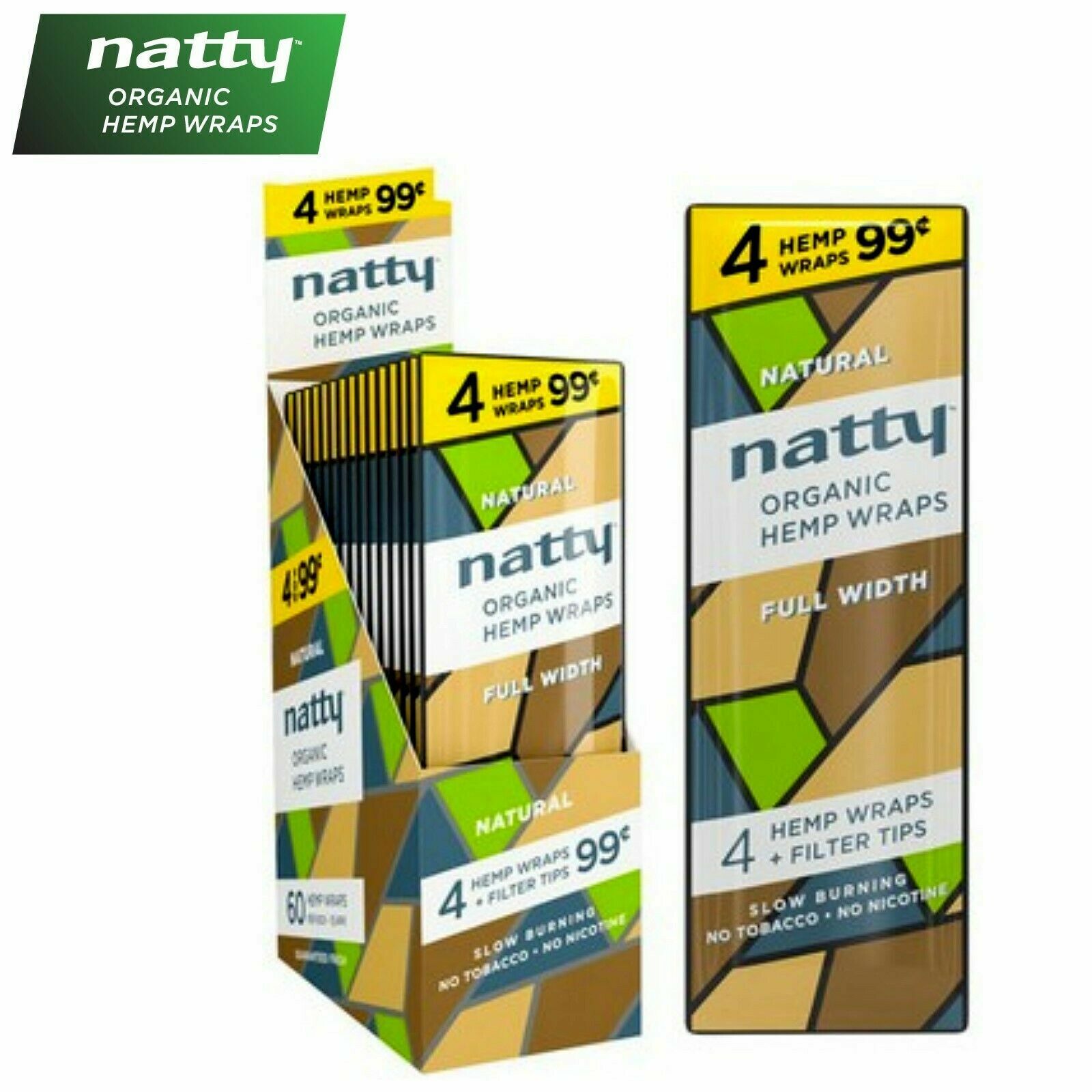 NATTY Organic NATURAL Flavored Full-Width Herbal Wraps Full Box 15/4CT - 60PCS