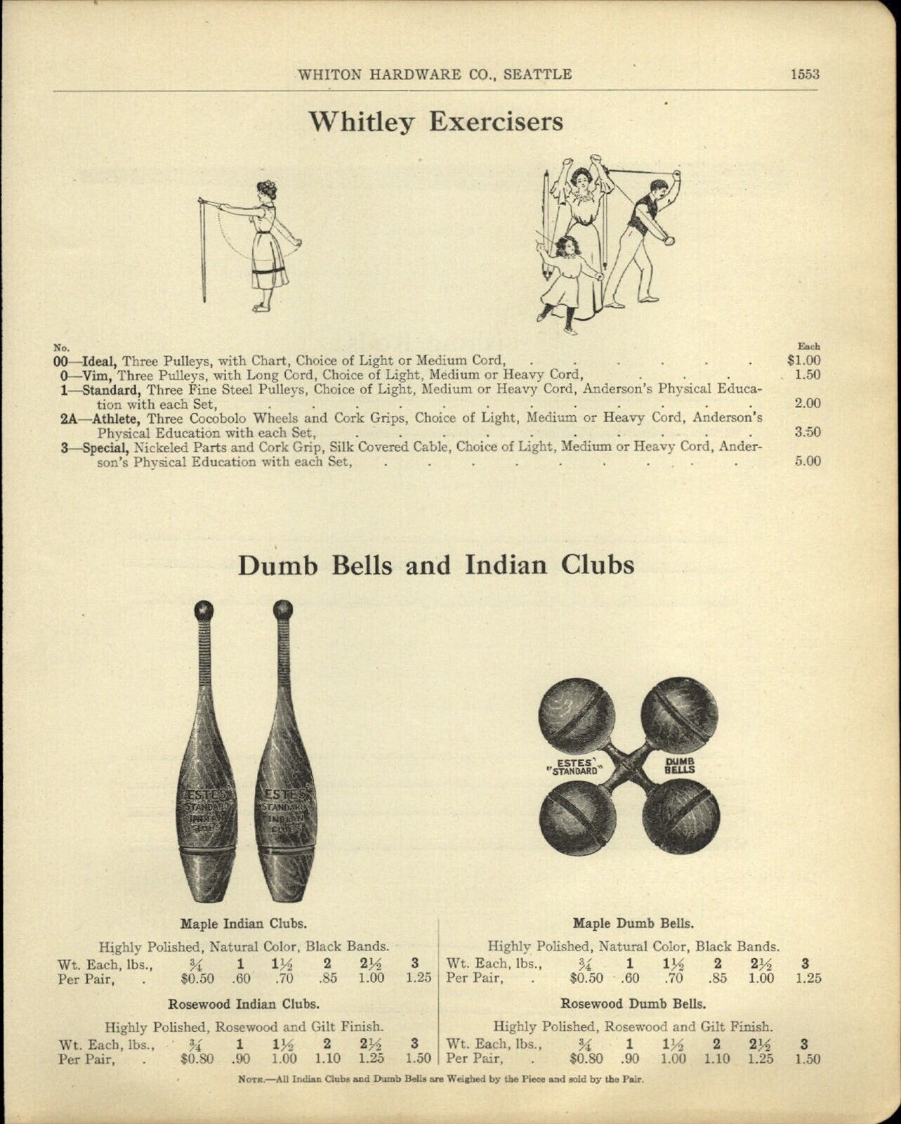 1905 PAPER AD Wood Wooden Dumb Bells Indian Clubs Estes\' Brand Maple 