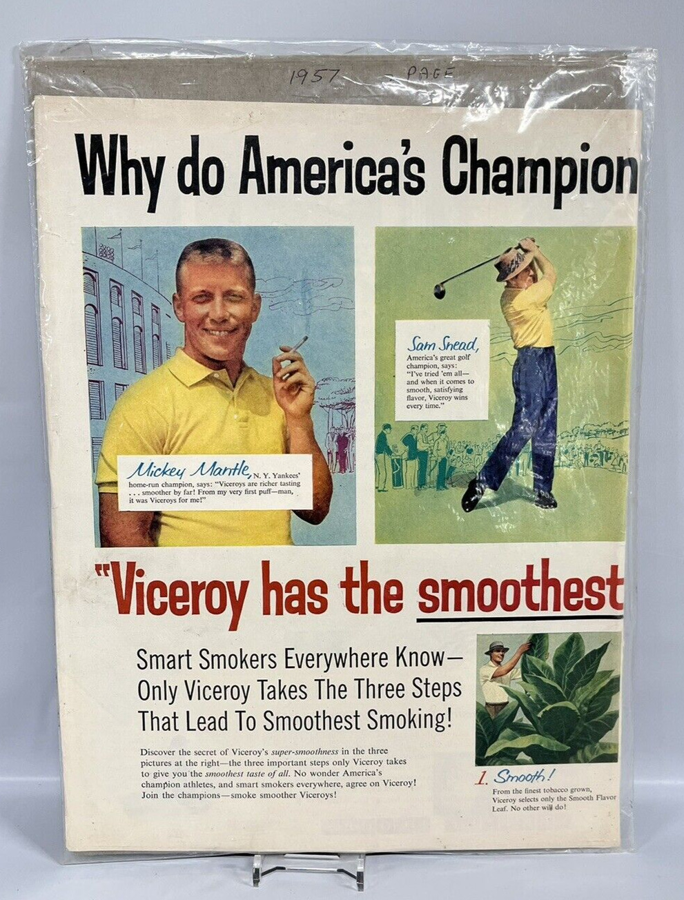 1957 Viceroy Cigarettes Tobacco Vintage Print Ad Mickey Mantle Sam Snead Zoe Ann