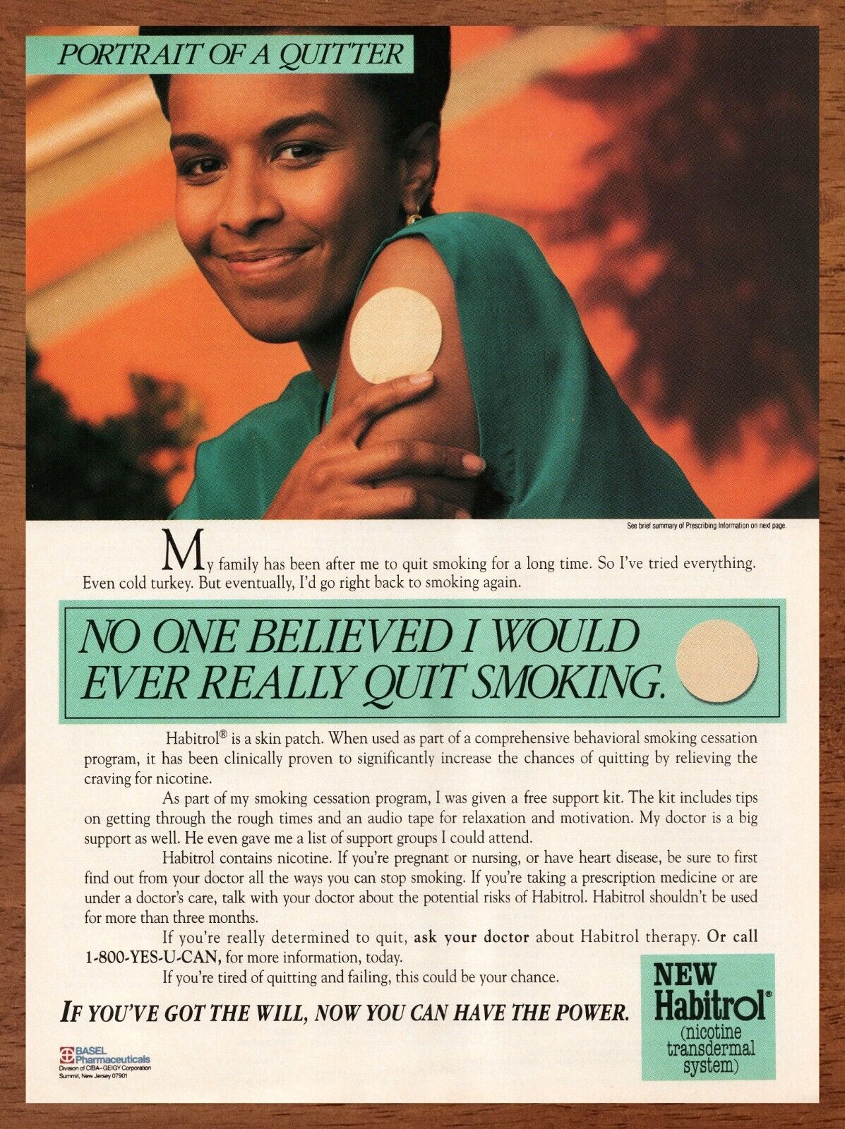 1992 Habitrol Nicotine Patch Vintage Print Ad/Poster Quit Smoking Health Art 90s
