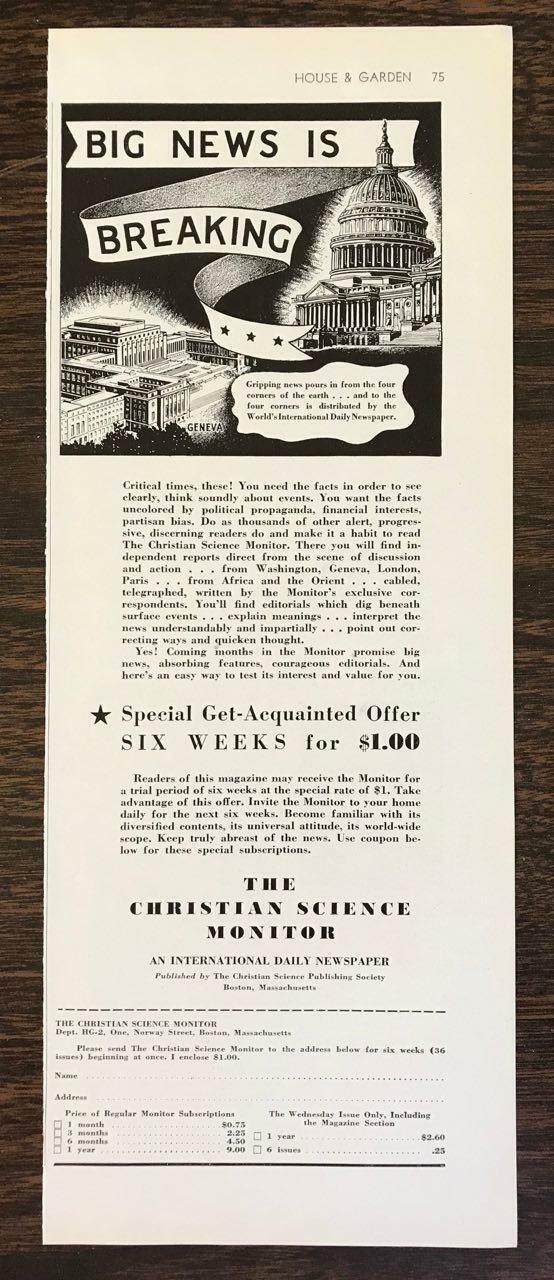1936 Christian Science Monitor Print Ad Big News Is Breaking