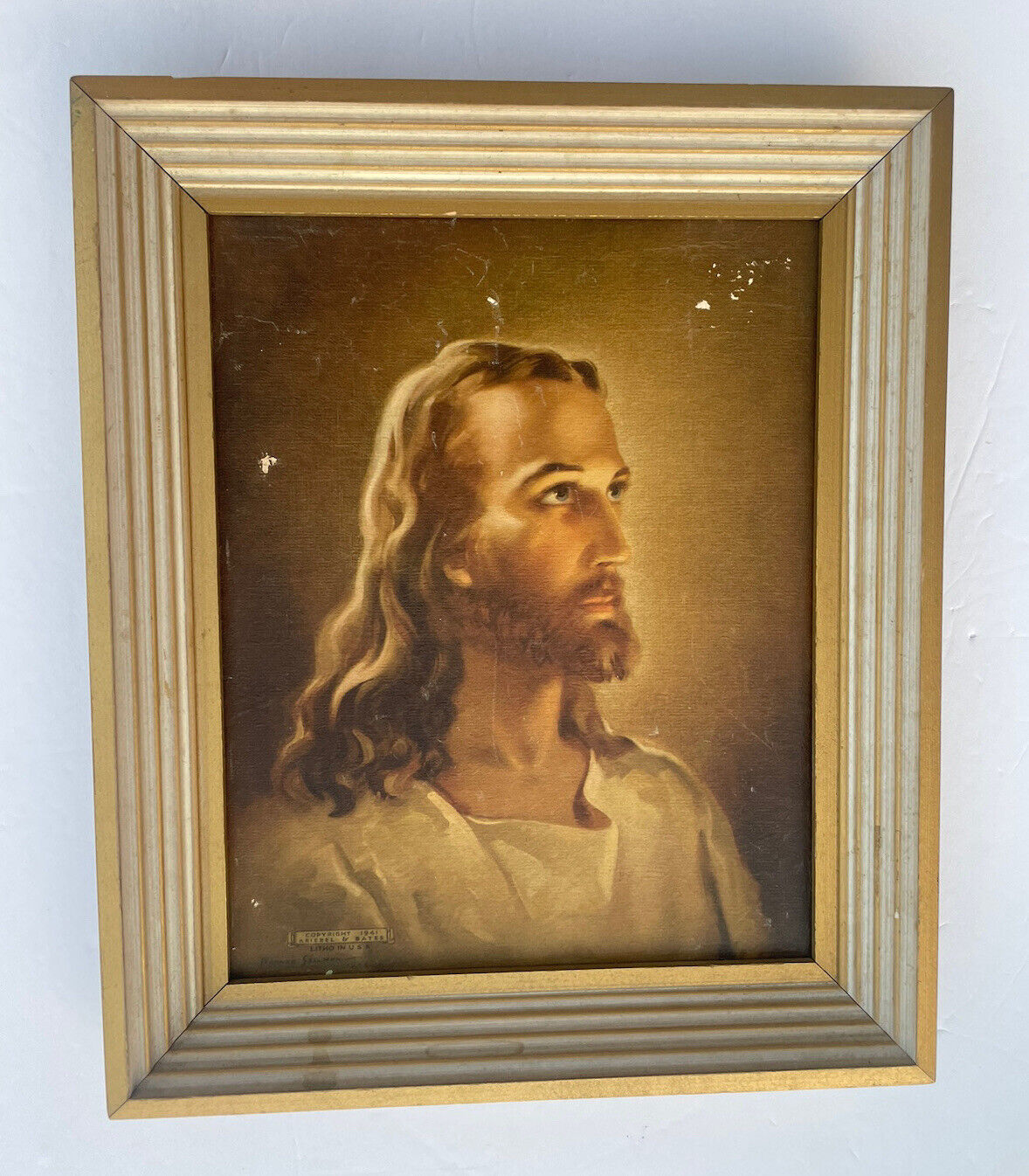Vtg Warner Sallman Head Of Jesus Lithograph Wooden Frame 12x10 Copyright 1941