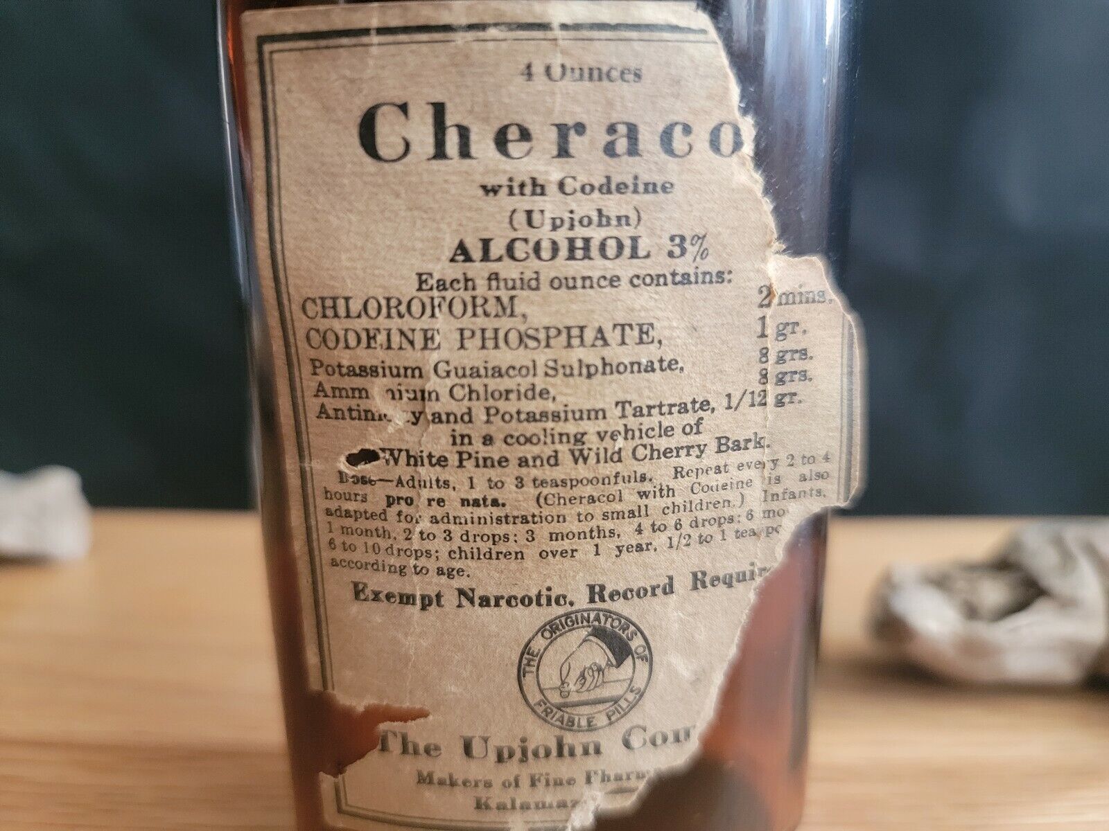 Vintage codeine bottle Upjohn Company Cheracol Brown Medicine Bottle