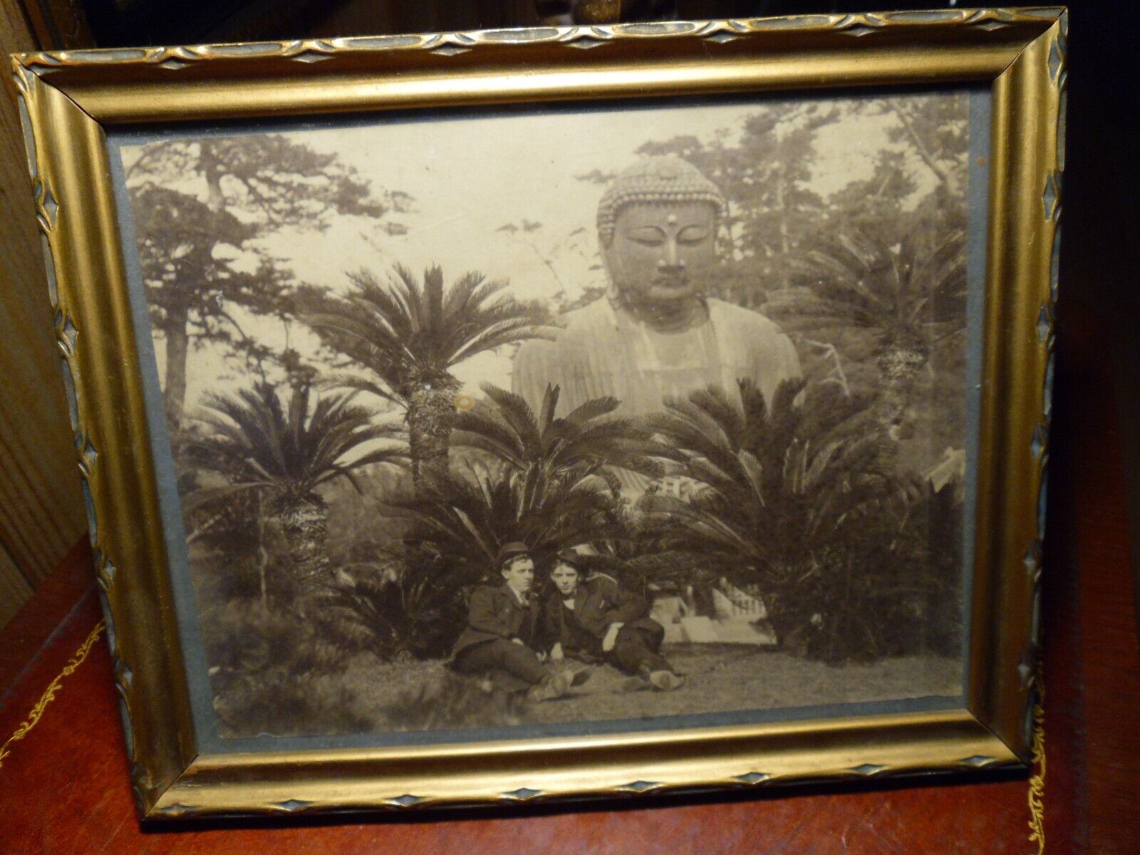Antique sepia 8 x 10 photograph gay interest 2 men Buddha landscape ASIAN ART