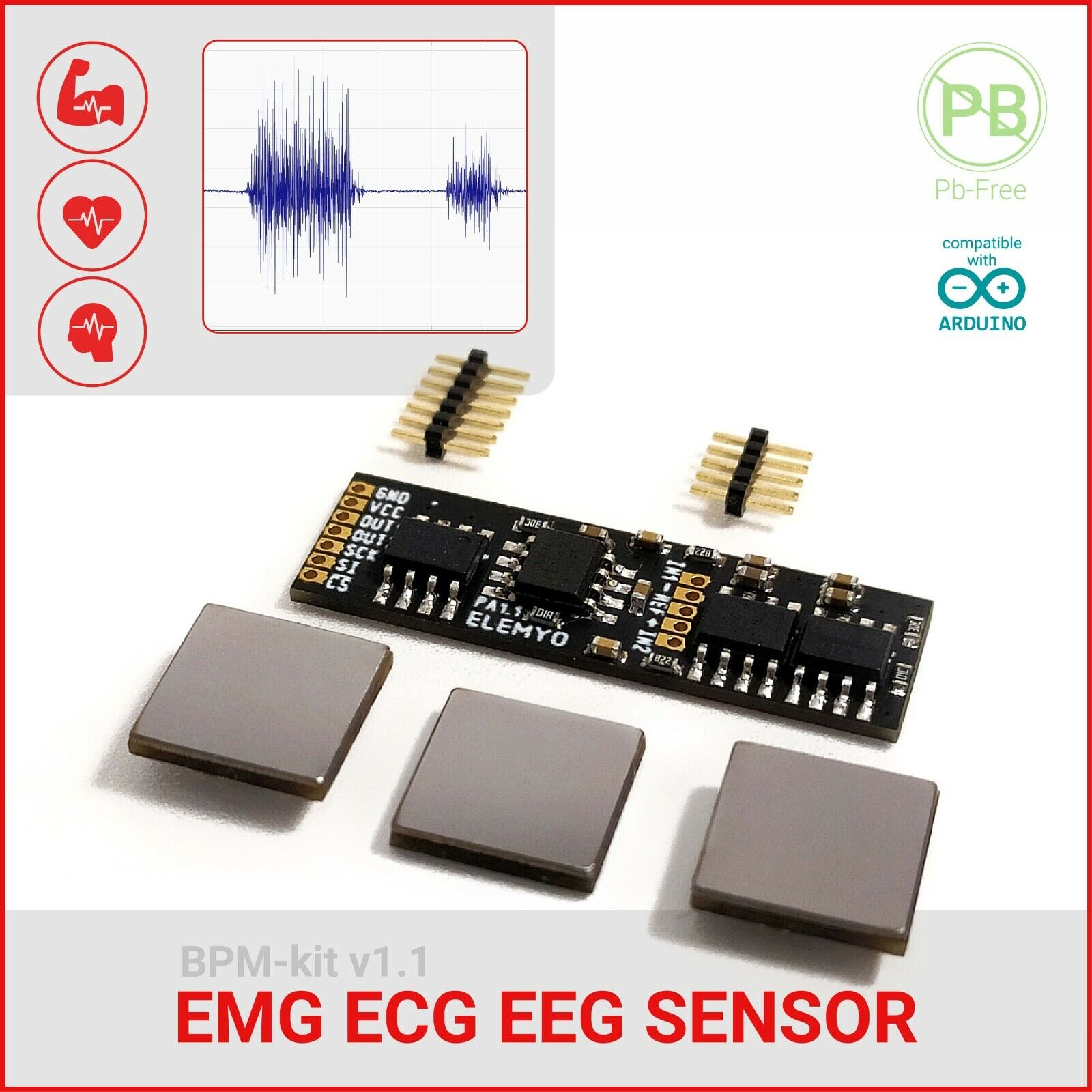 EMG/ECG/EEG Muscle Heart Brain Sensor for Arduino ELEMYO BPM-kit v1.1