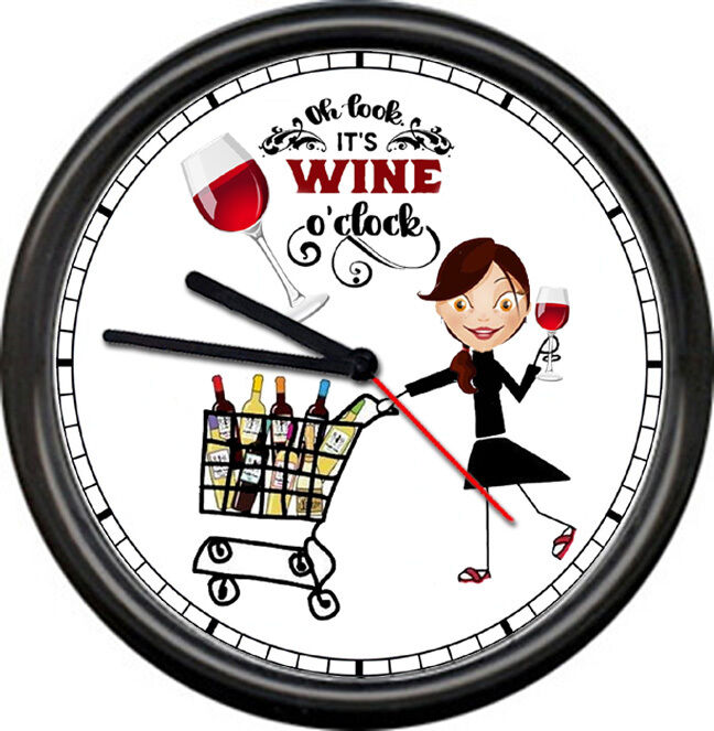 Oh Look It\'s Wine O\'Clock Shopping Girl Bottles Party Kitchen Sign Wall Clock