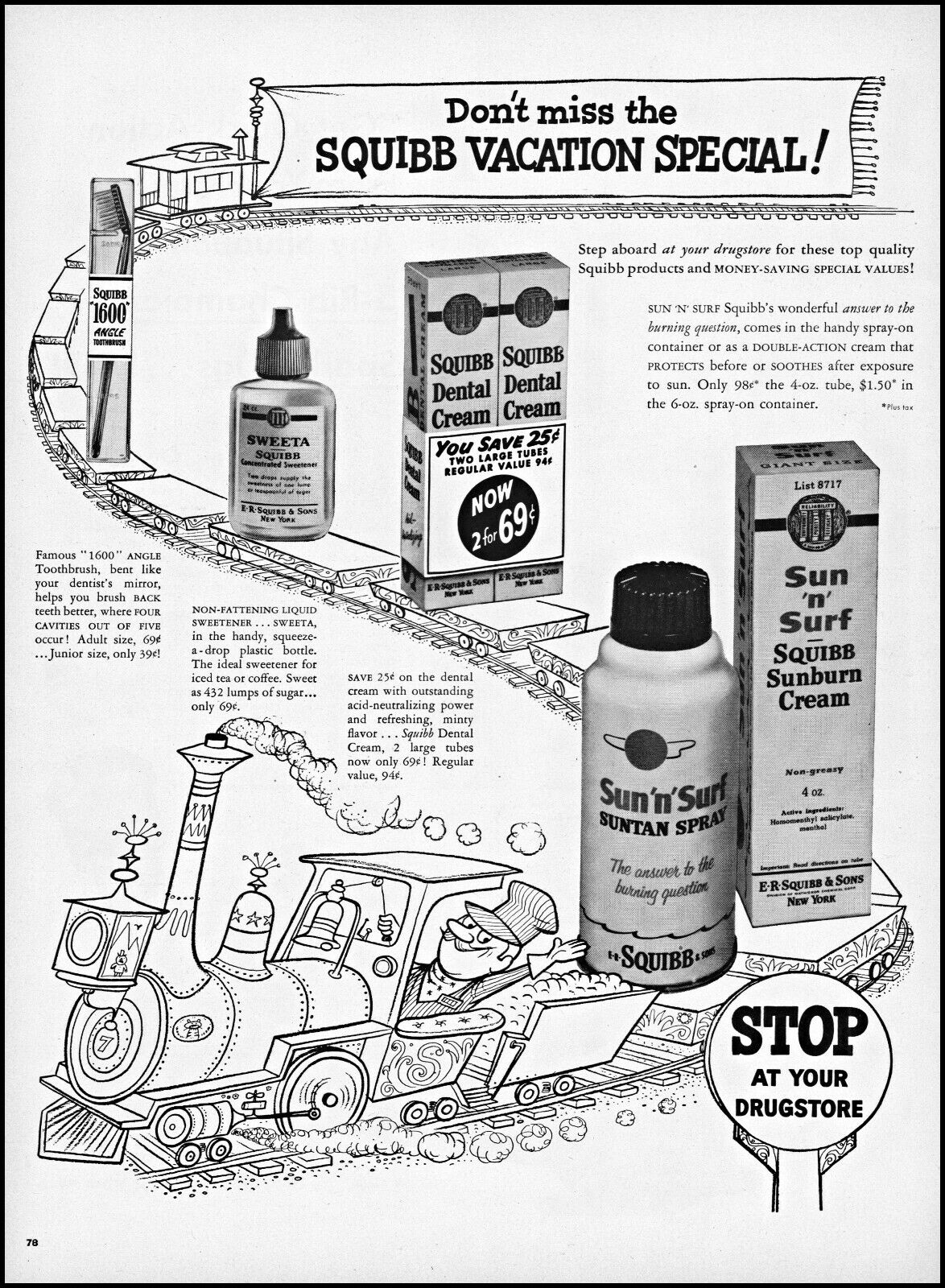1955 Train Railroad conductor Squibb Dental Sun product vintage art print ad L53