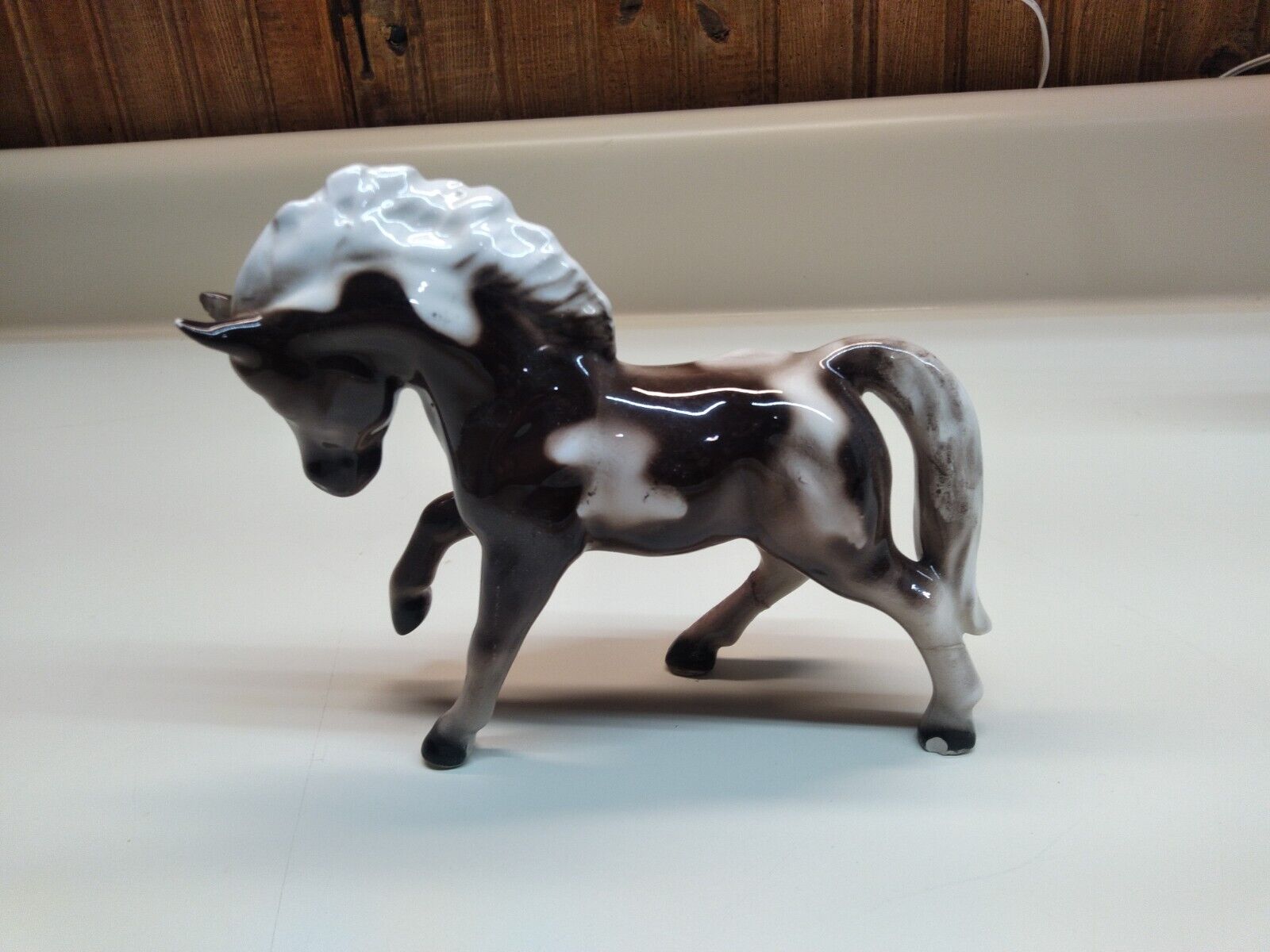 Vintage Ceramic Porcelain Brown And  White Shiny Horse Figurine Statue