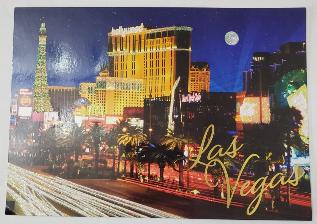 Postcard Glittered Vegas City Lights Under A Full Moon Las Vegas, Nevada 5x7