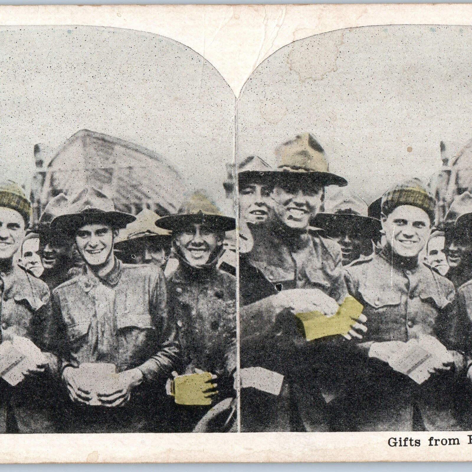 c1910s WWI Happy Smiling Soldiers Gift Home Stereoview US Army Mail Military V34