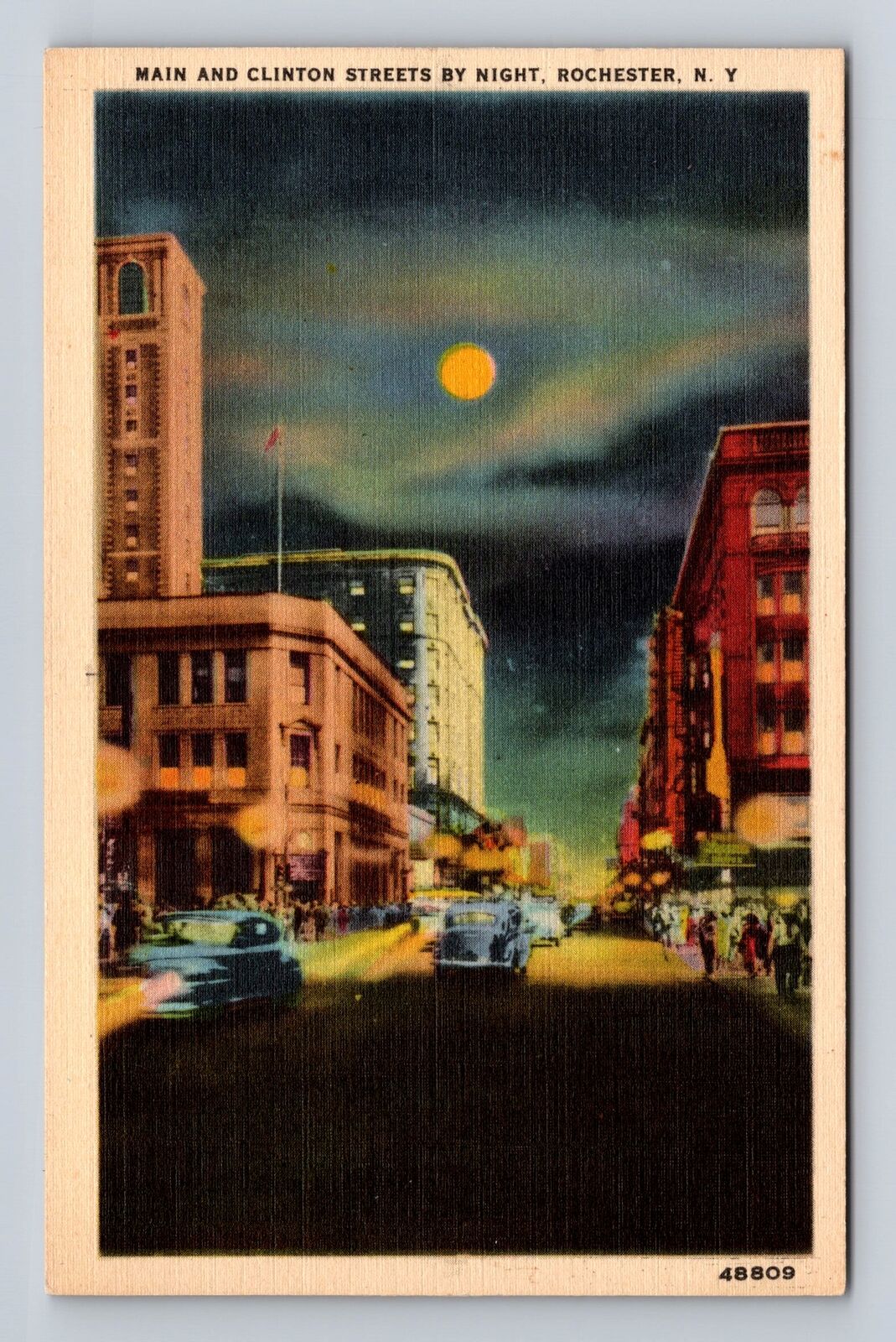Rochester NY-New York, Main and Clinton Streets by Night, Vintage Postcard
