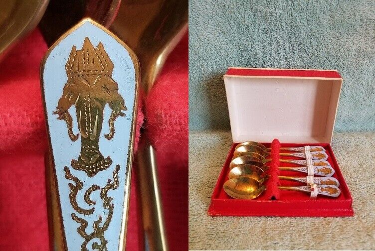 Vintage Thai Lapidary (Light Blue) 6 Pc Brass Spoons Set + Box  Double-Elephant 