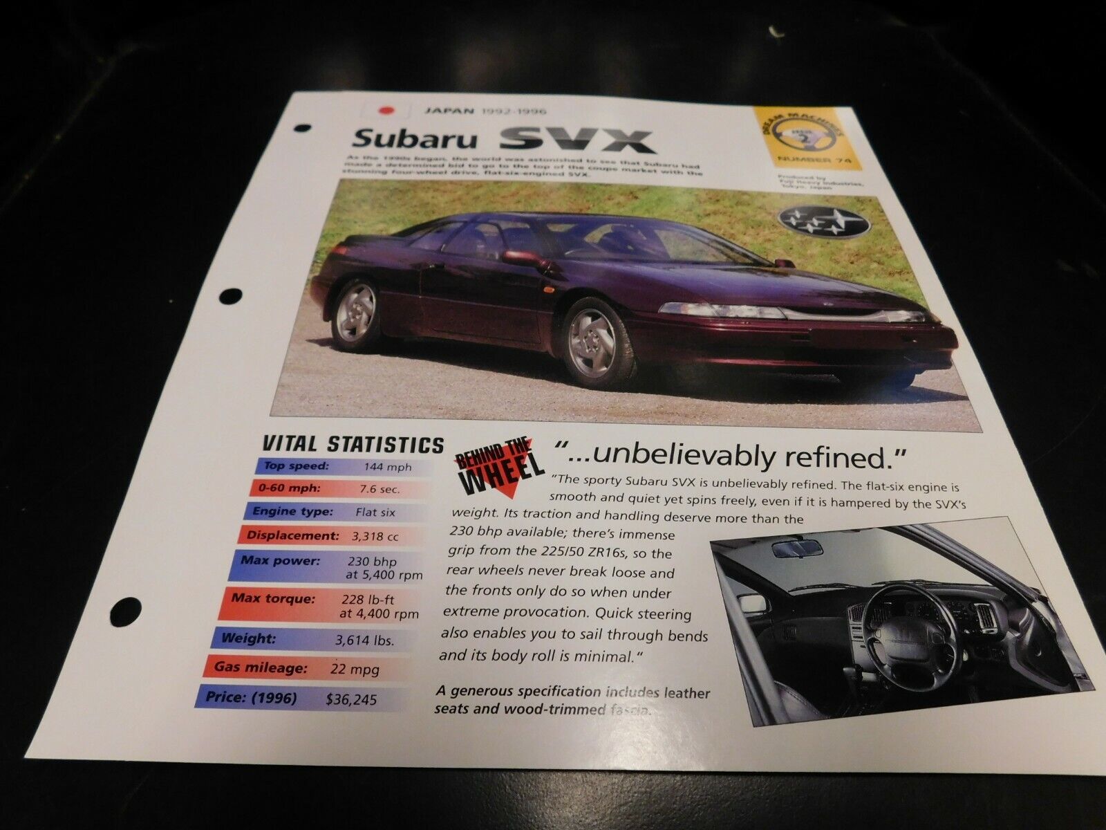 1992-1996 Subaru SVX Spec Sheet Brochure Photo Poster 1993 1994 1995