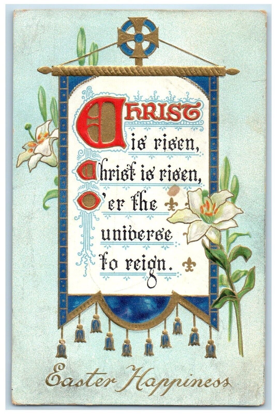 1911 Easter Happiness Christ Is Risen Lily Flowers Embossed Tuck's Postcard