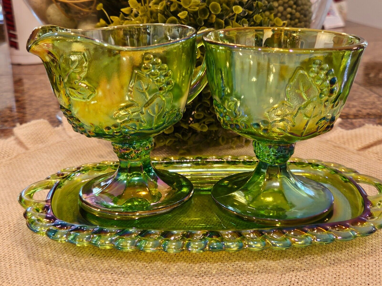 Vintage Indiana Glass Lime Green Iridescent Harvest Cream & Sugar on Base Plate
