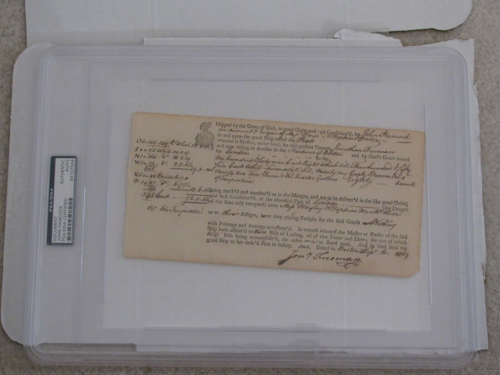 PSA DNA JOHN HANCOCK SIGNED DOCUMENT 9/6/1769 AUTO DECLARATION OF INDEPENDENCE