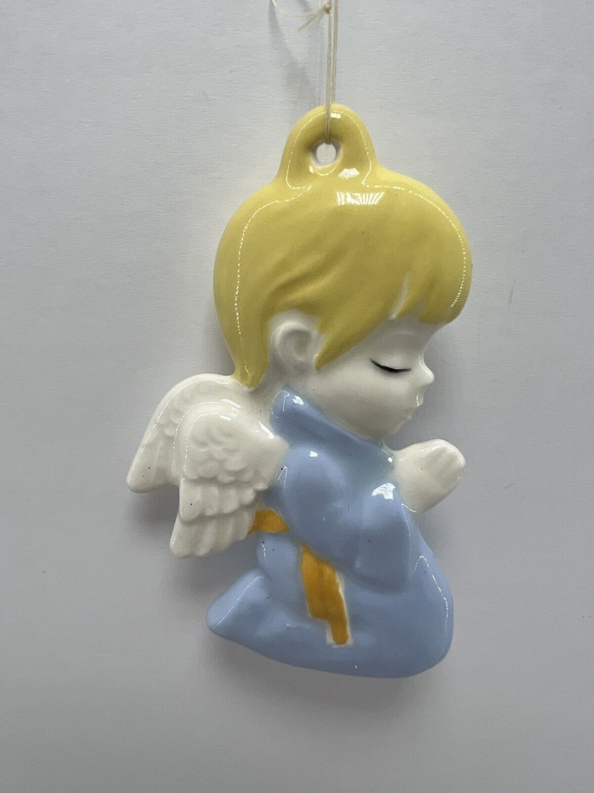 Vintage Christmas Ornament Decoration Blue Angel Boy Praying Double Sided