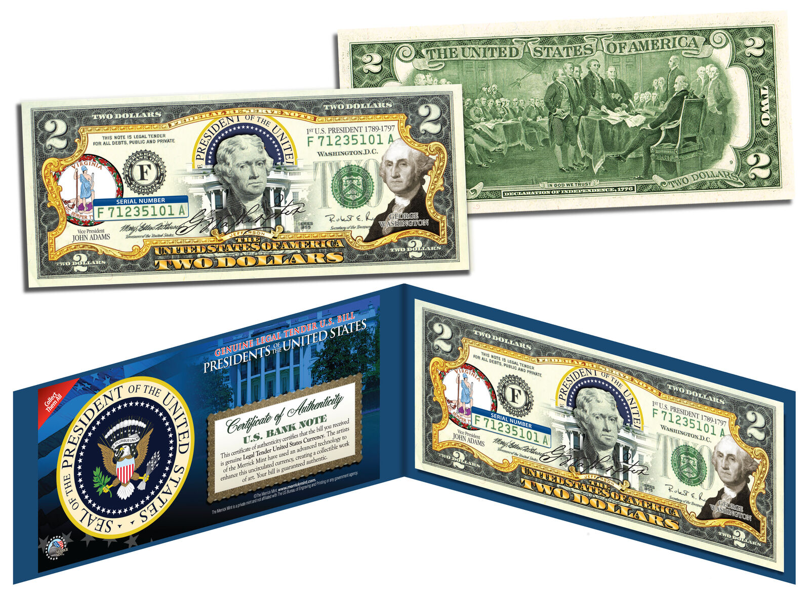 GEORGE WASHINGTON * 1st U.S. President * Colorized $2 Bill Genuine Legal Tender