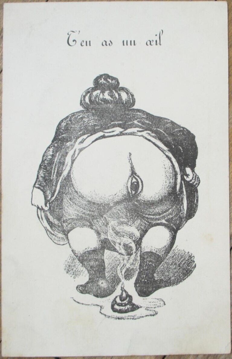 Risque 1902 French Postcard, Woman Pooping with Eye in Butt, Poop Behind