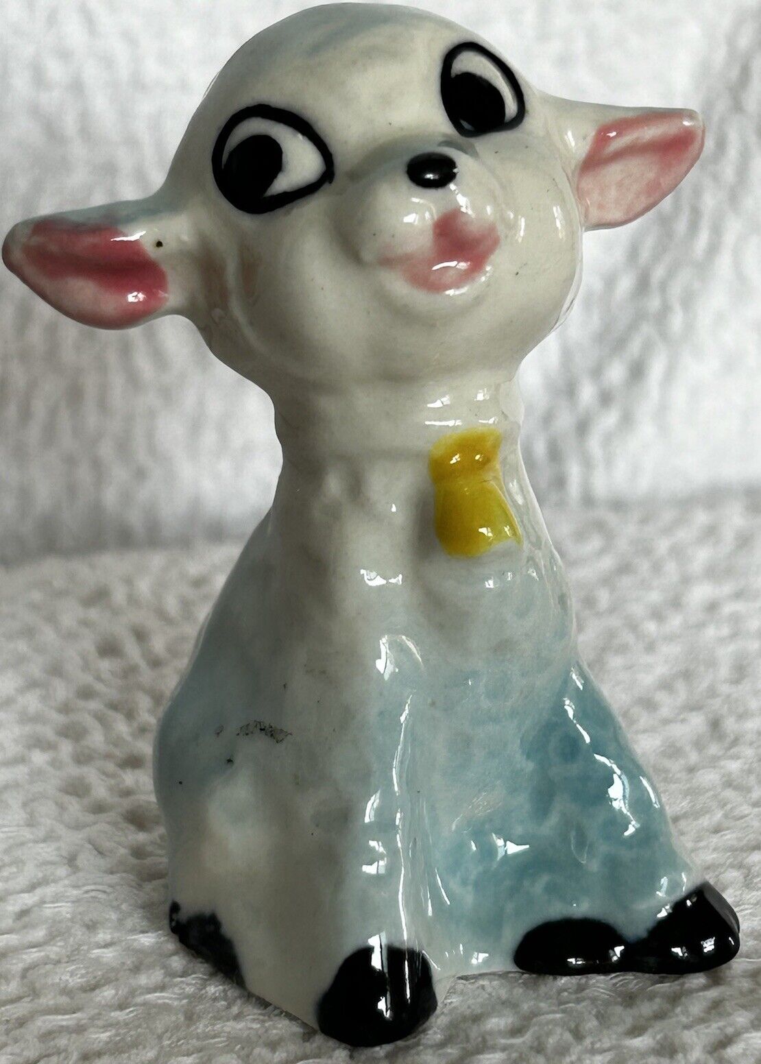 Vintage Lamb Figurine Blue And White With Pink Ears And Gold Bell VGUC