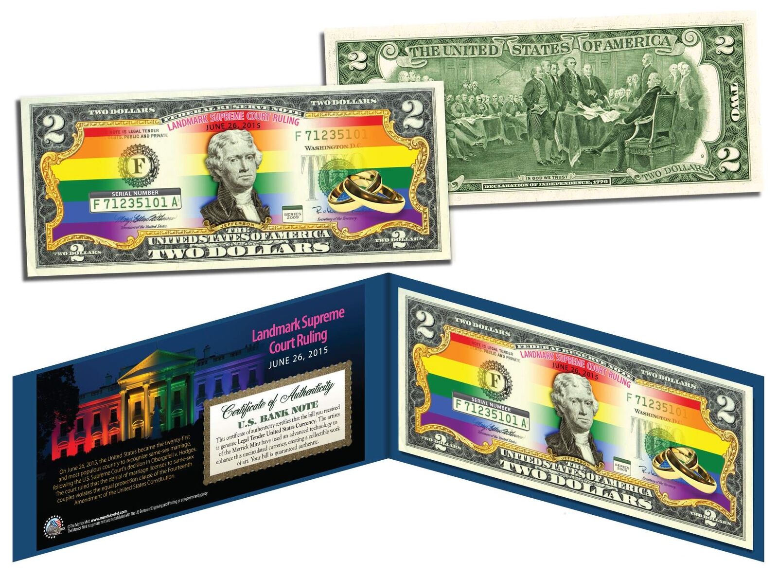 Gay Pride MARRIAGE EQUALITY Colorized US $2 Bill Supreme Court Ruling 6/26/2015