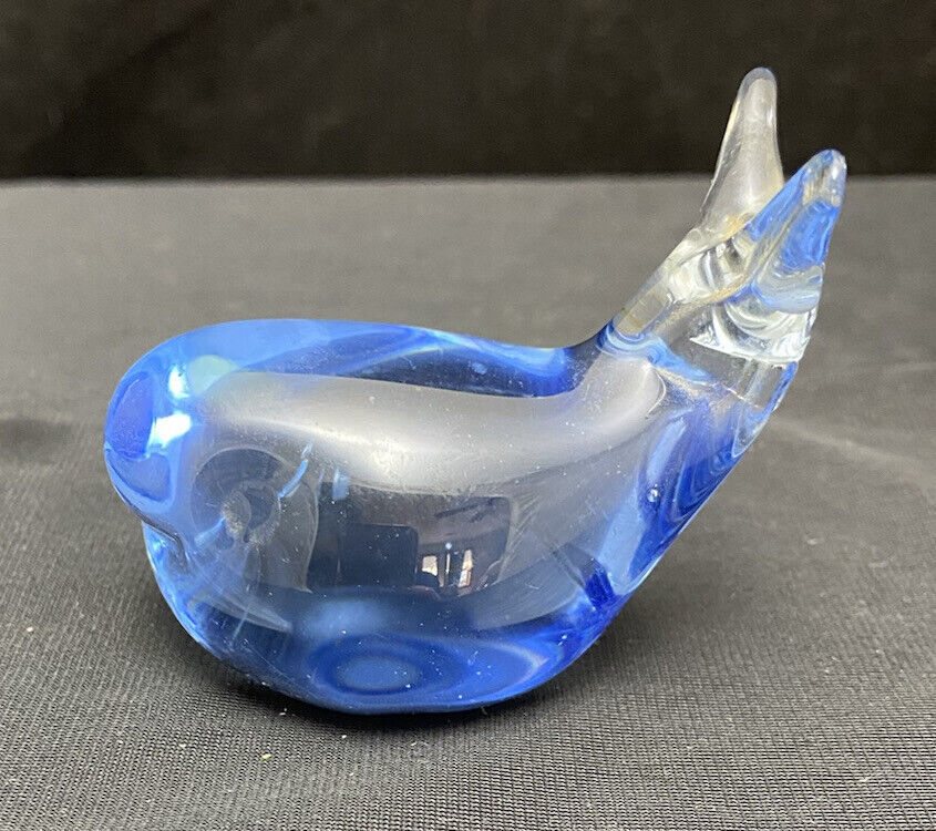 Cobalt Blue Art Glass Smiling Whale Figurine Paperweight Vintage