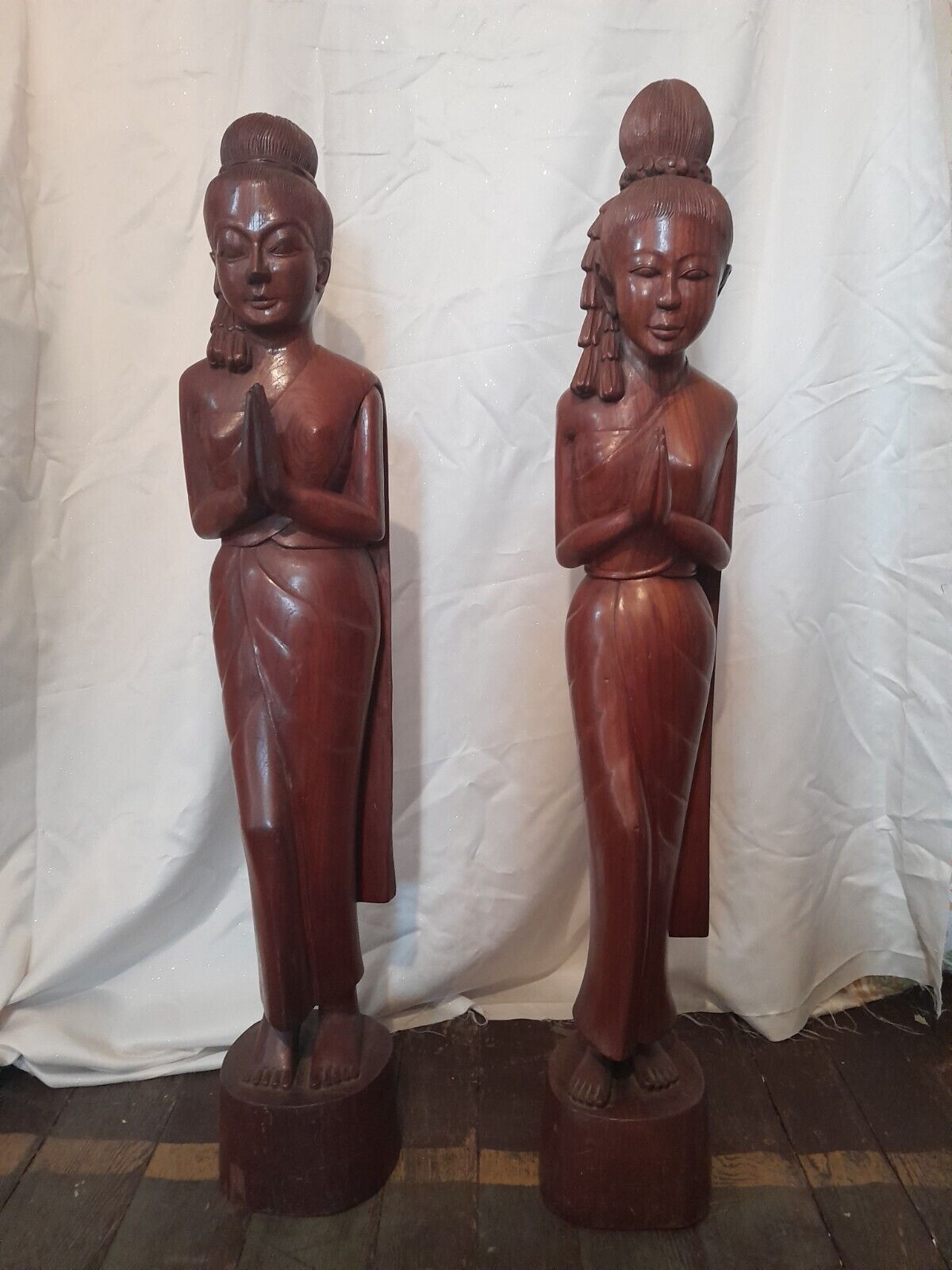 Vintage Sawasdee Welcome Statues Teak Wood Carved Thai Figure 
