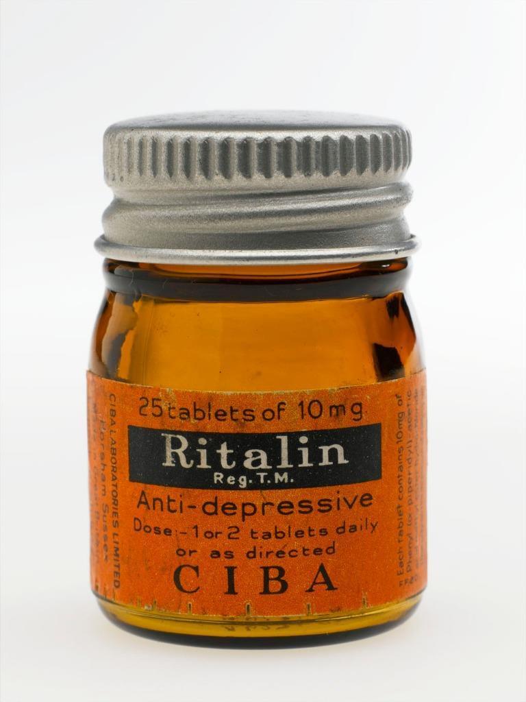 Photo.  Empty jar for Ritalin tablets