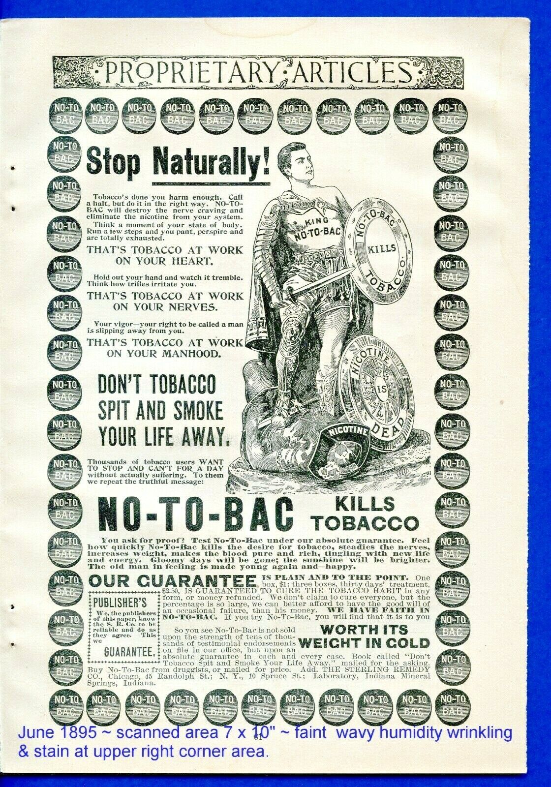 World\'s 1st super hero KING NO-TO-BAC kills nicotine in original 1895 full pg ad