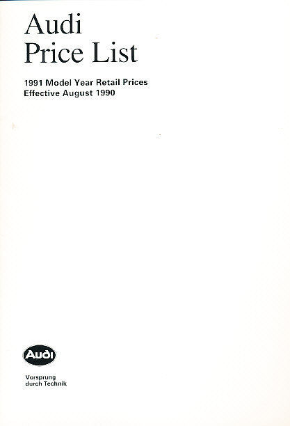1991 Audi Price List Brochure UK V8 100 80 Quattro
