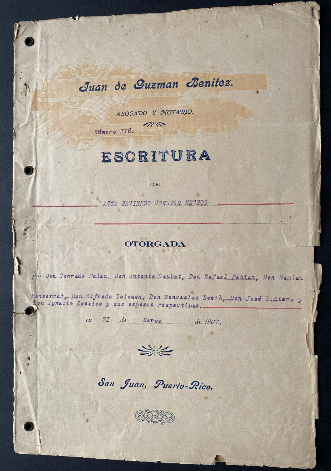 Puerto Rico 1907, ESCRITURA Constar Hechos-Ventas, 10pgs, Excise Tax Stamps
