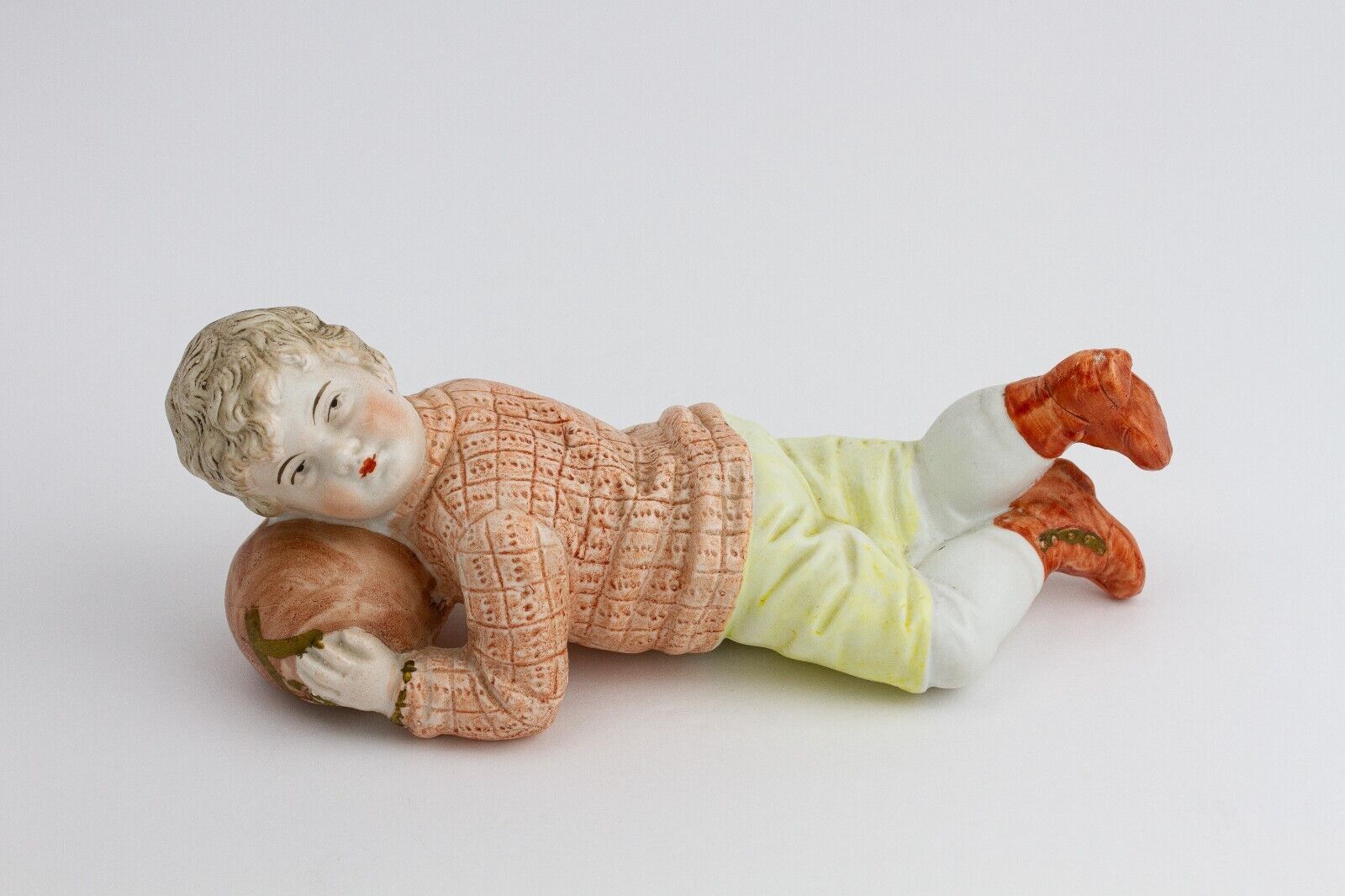 Vintage Antique German Porcelain Boy Lying with Ball Figurine, 7 3/4 \