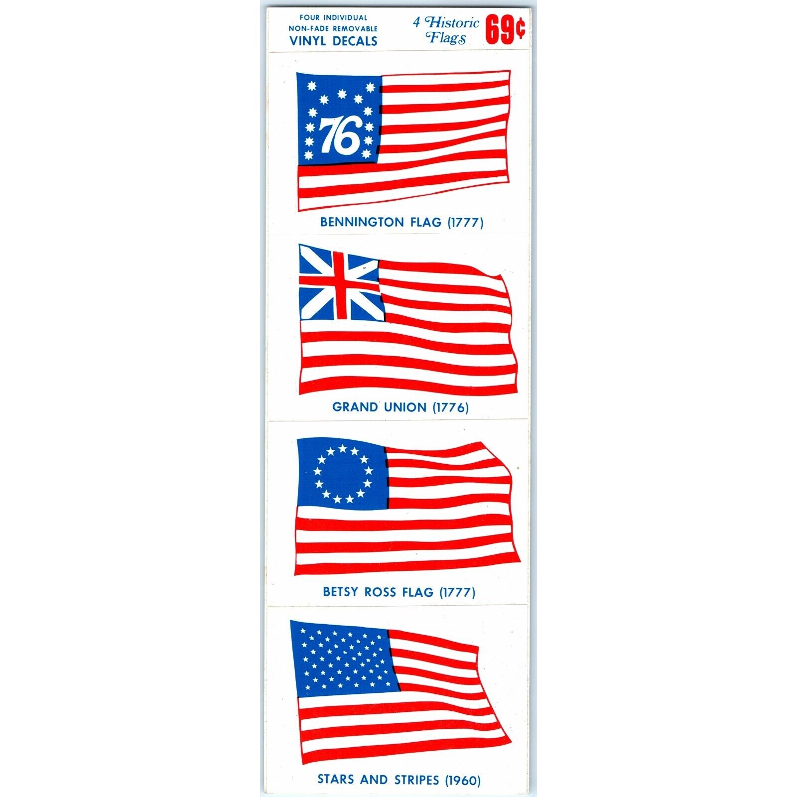 c1960 4 Historic US Flags Individual Non Fade Removable Decals Stickers Vtg 2L