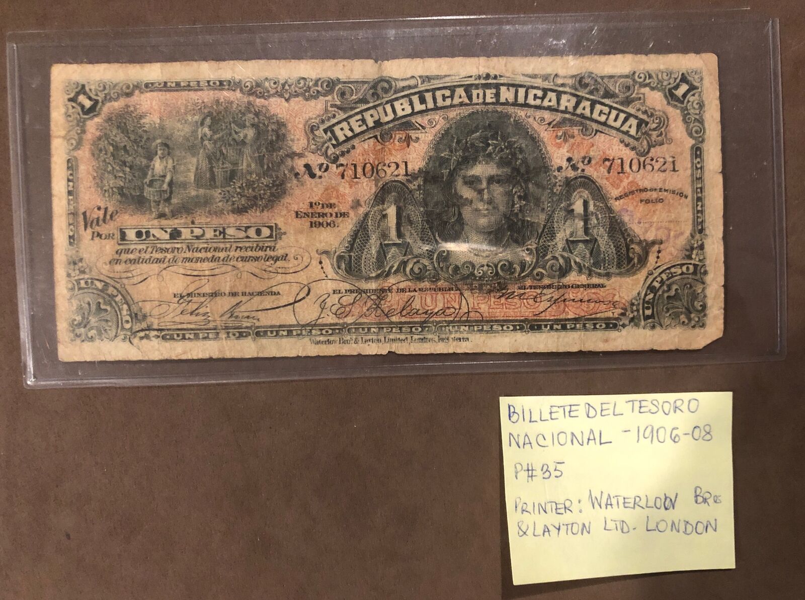 1906-08 Nicaragua 1 peso “Scarce “Banknote  Pick #35-Waterlow & Layton,London
