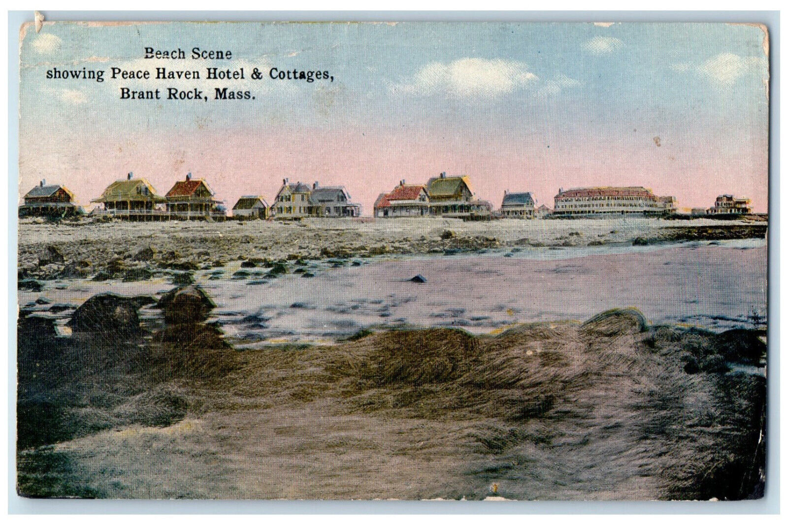 c1910 Beach Scene, Peace Haven Hotel & Cottages Brant Rock MA Posted Postcard