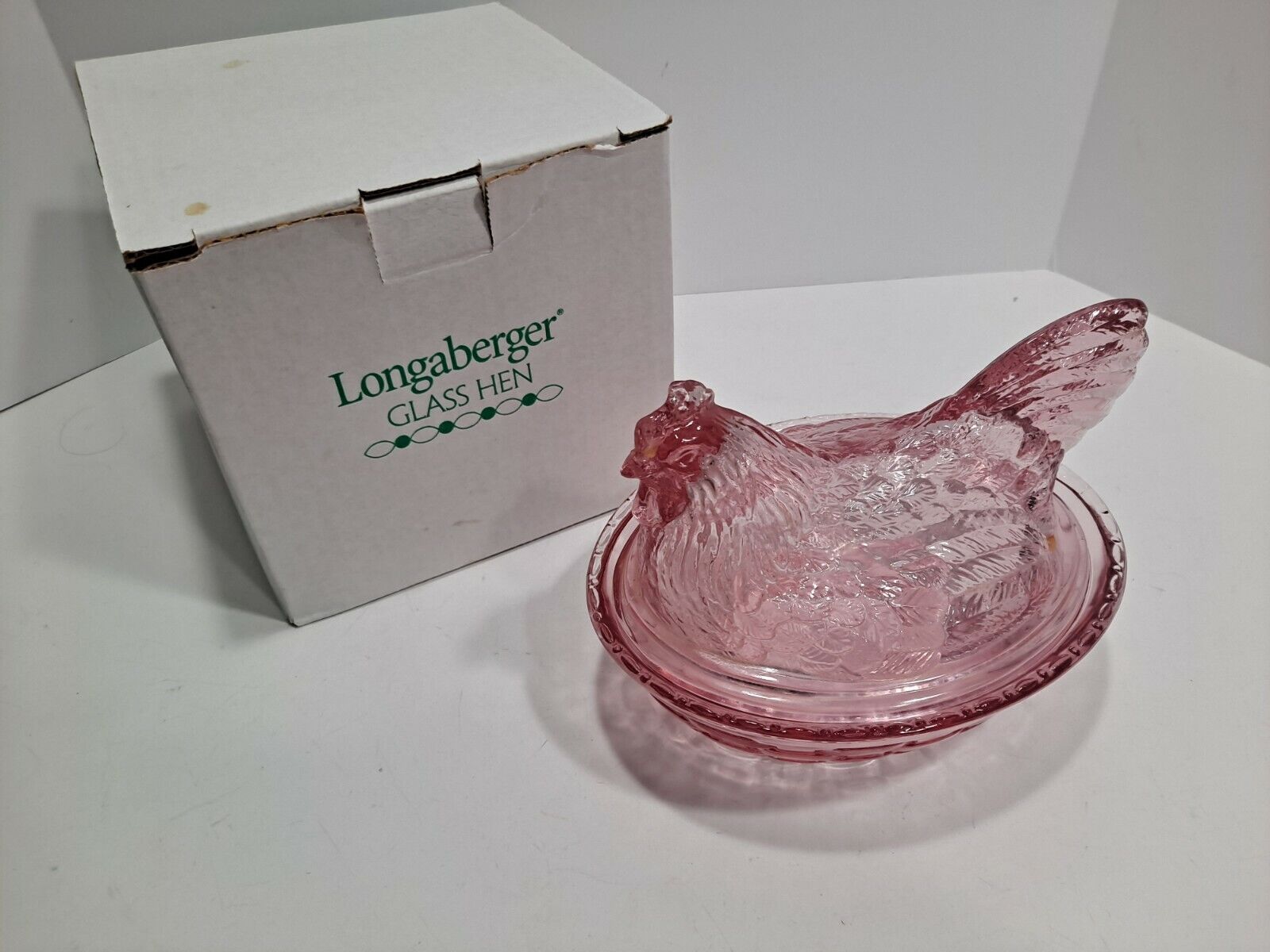 Longaberger Pink Glass Easter Hen Serving/Candy Dish in box