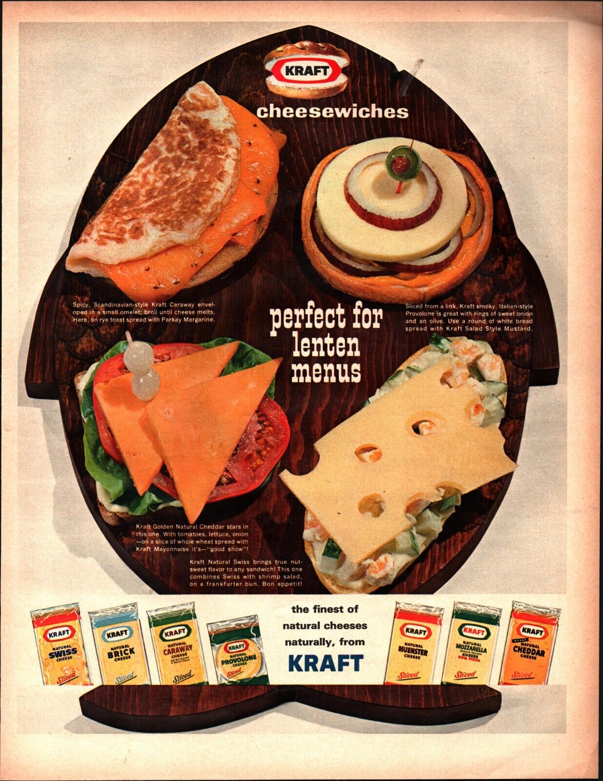 1964 Kraft Cheesewiches Vintage Print Ad 1960s Perfect for leten menu c1