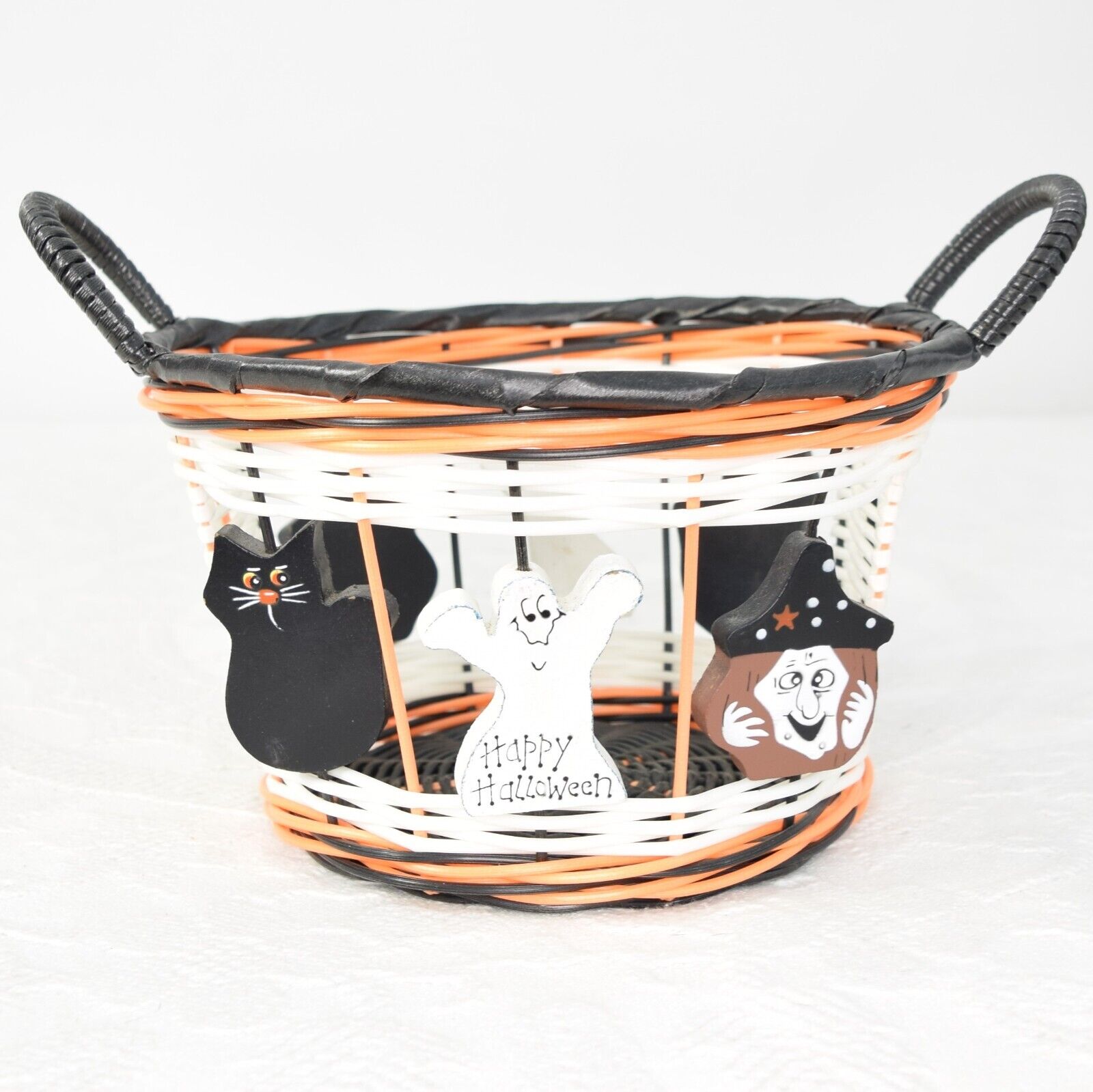 Happy Halloween Ghost Witch Black Cat Wicker Wood Spinner Folk Art Candy Basket