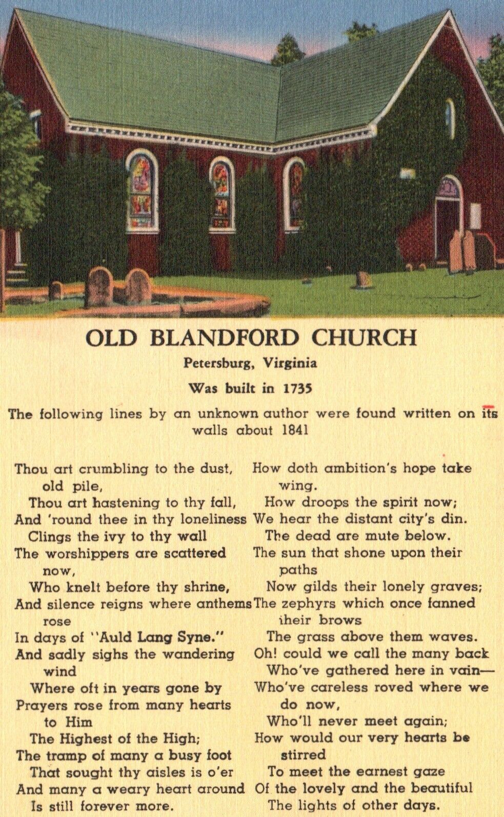 Petersburg, VA, Old Blandford Church, Poem, Linen Vintage Postcard e525